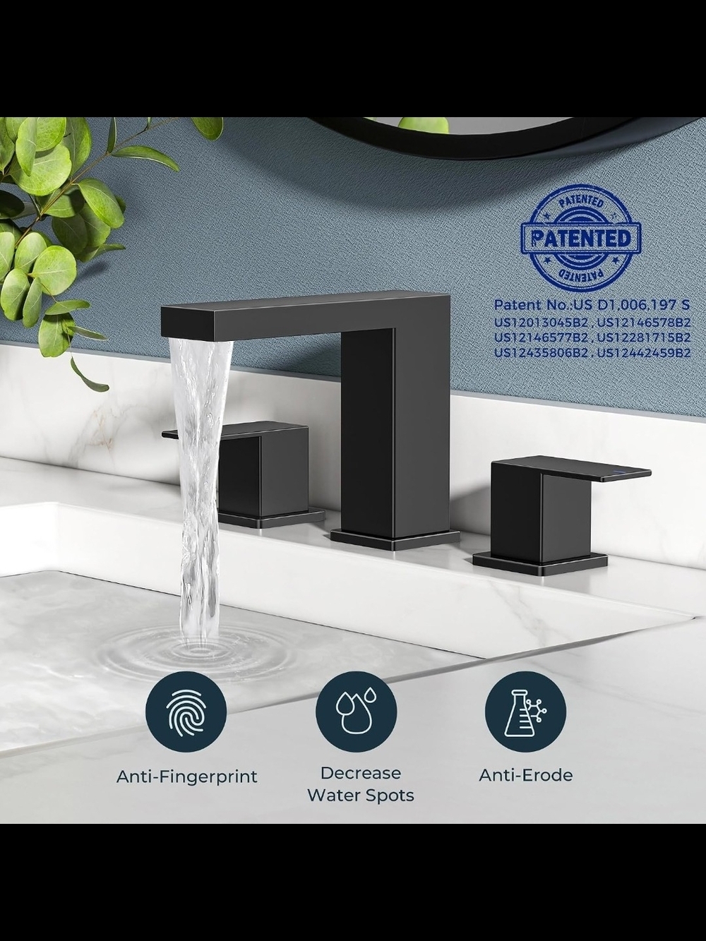 Matte Black Three-Hole Waterfall Bathroom Faucet - Modern Widespread Tap